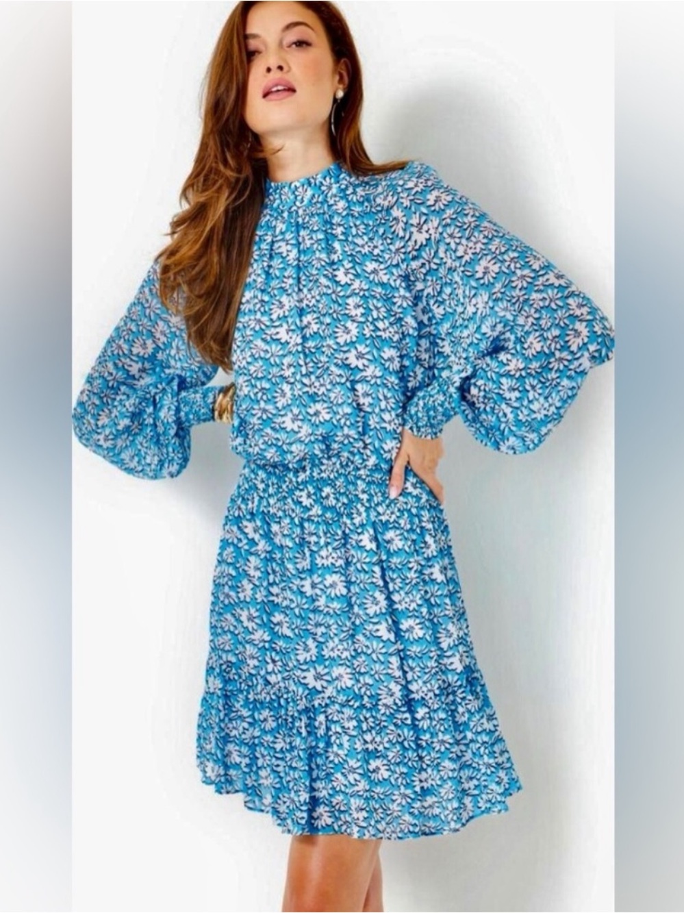 NWT Lilly Pulitzer Ellielynn Long Sleeve Dress in Lunar Blue Palm Beach Petals